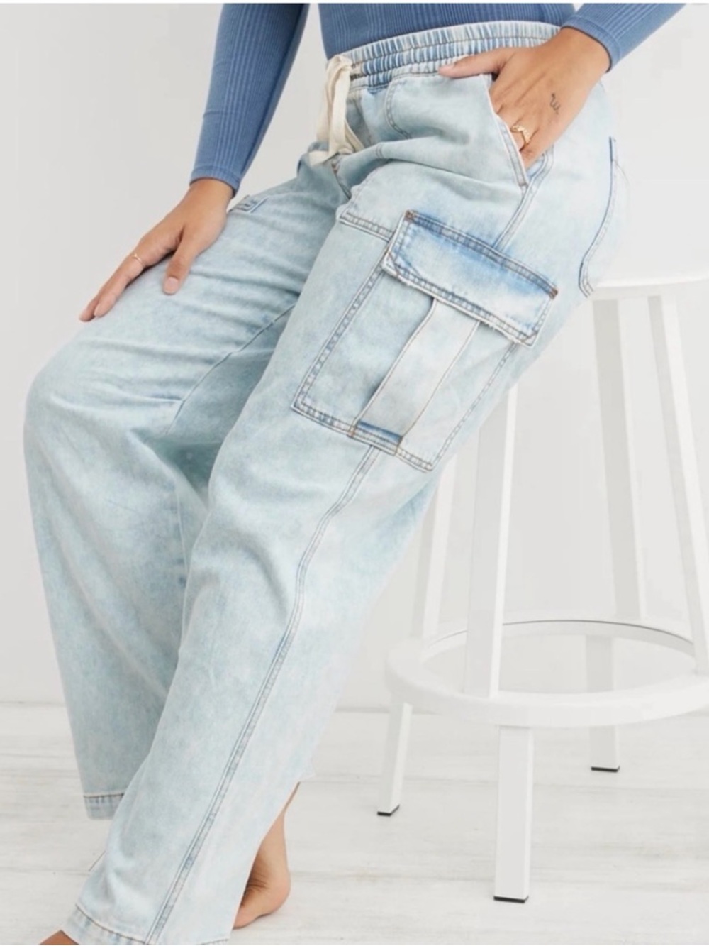 aerie Light Blue Cargo Boyfriend Jeans